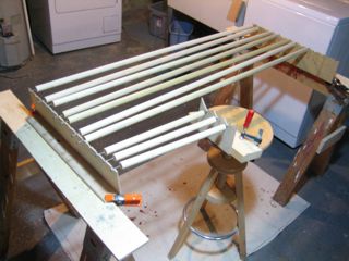 Do you like my swanky dowel-finishing racks?
Unfortunately, they can only hold a dozen dowels at a time.