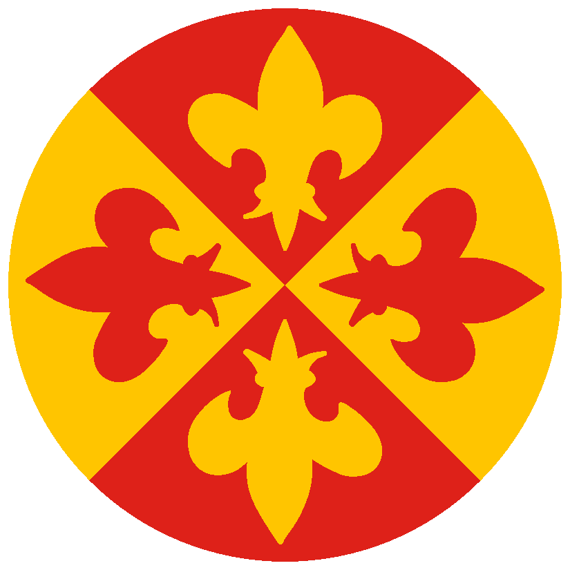 Per saltire gules and Or, four fleurs-de-lys bases to center counterchanged.