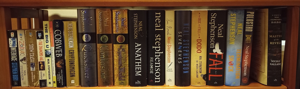 A shelf of books by Neal Stephenson