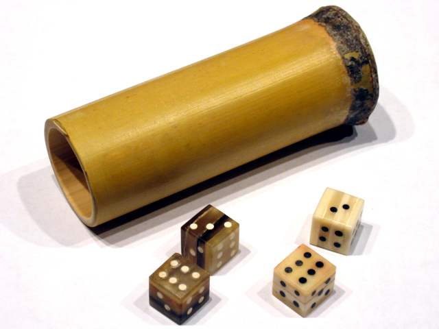 Dice of horn and bone, plus bamboo dice cup